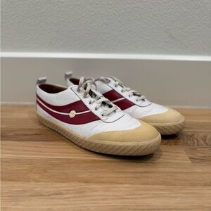Bally White and Burgundy Smake Sneakers with Tan Sole